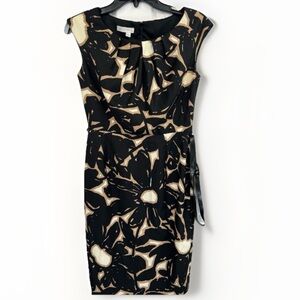 LONDON TIMES Dress Size 4 Black Floral Sheath Sleeveless Belted Modern Abstract
